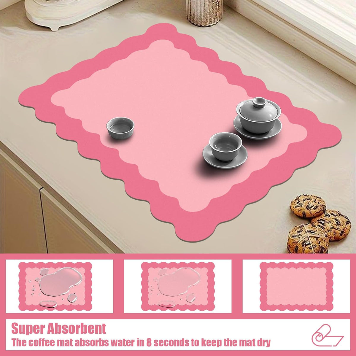 Rose Pink Scalloped Dish Drying Mat Coffee Mat for Countertop