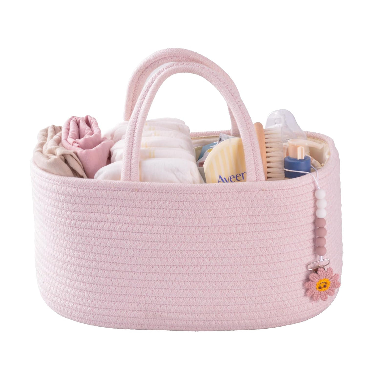 Pink Cotton Rope Baby Diaper Caddy Organizer Basket for Girls