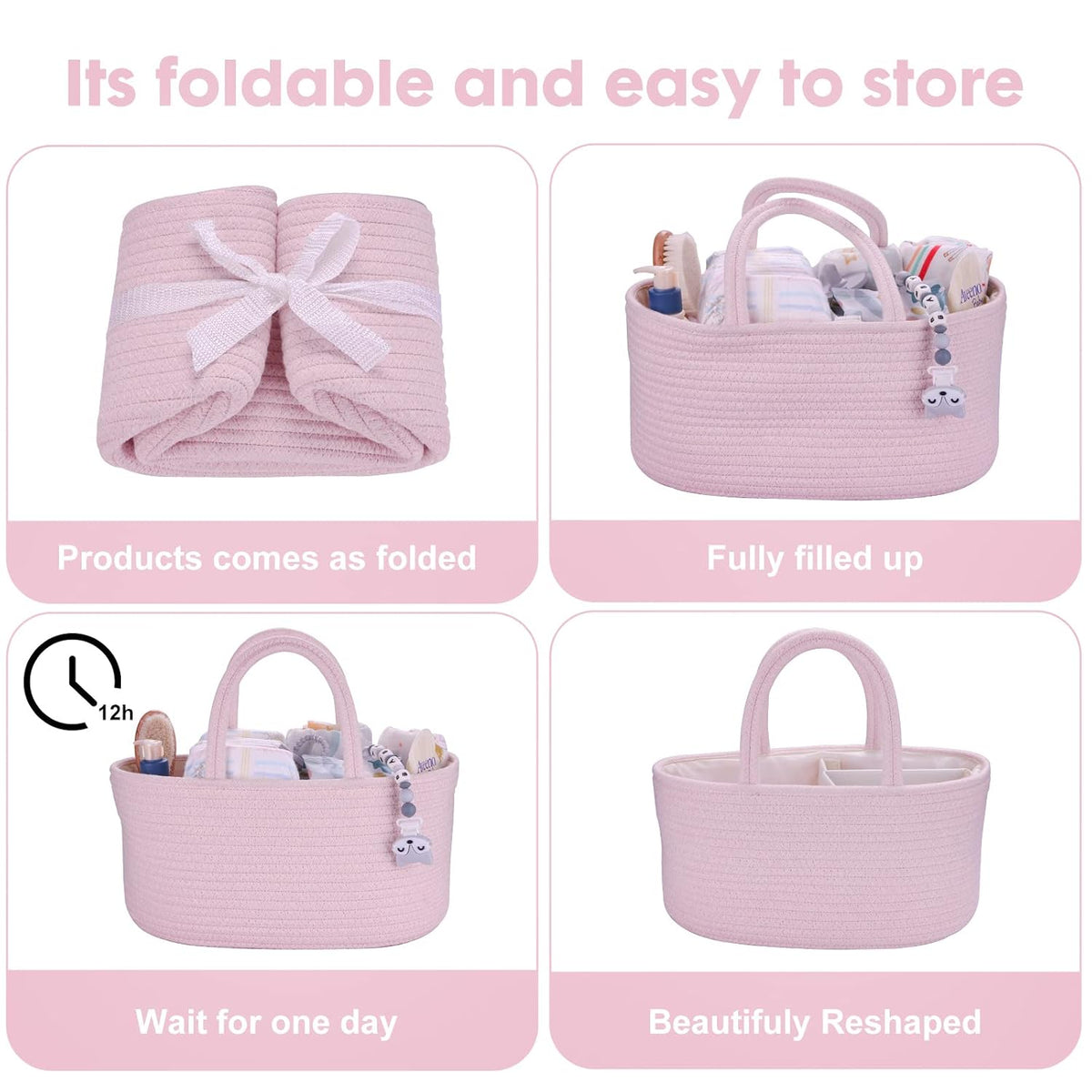 Pink Cotton Rope Baby Diaper Caddy Organizer Basket for Girls