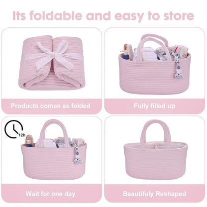 Pink Cotton Rope Baby Diaper Caddy Organizer Basket for Girls