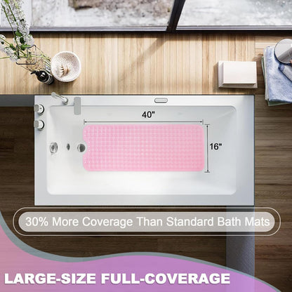 Bathtub and Shower Mats, 40x16 Inch Extra Large Non Slip Soft Bath Tub Mat with Suction Cups and Drain Holes for Bathroom Floor and Keep Tubs Clean, Machine Washable, Clear Pink