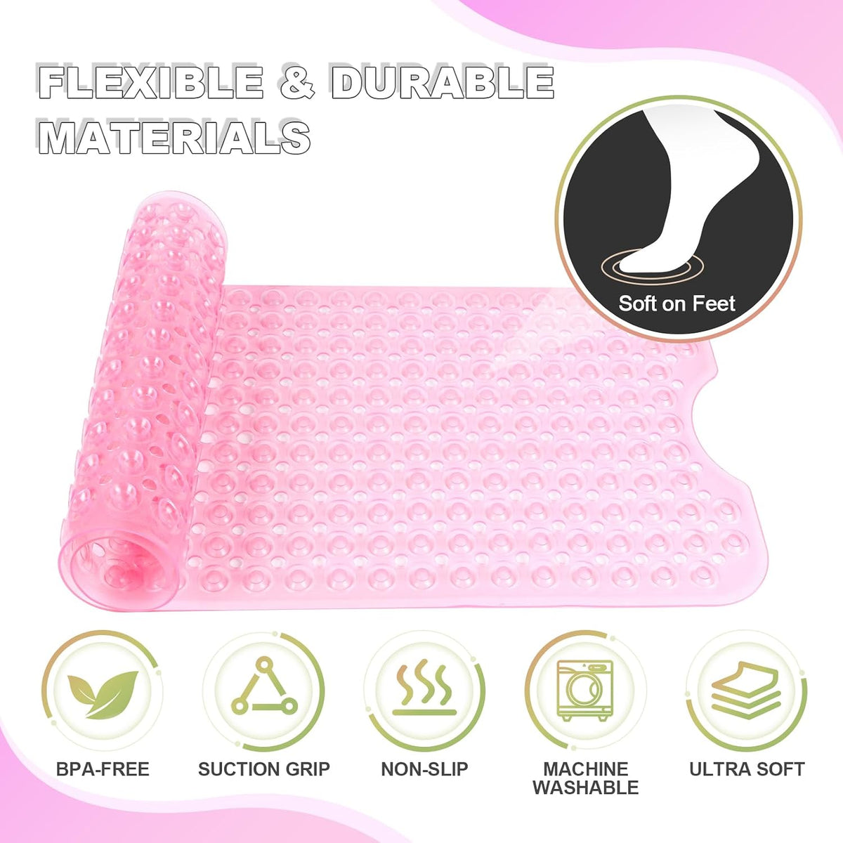 Bathtub and Shower Mats, 40x16 Inch Extra Large Non Slip Soft Bath Tub Mat with Suction Cups and Drain Holes for Bathroom Floor and Keep Tubs Clean, Machine Washable, Clear Pink