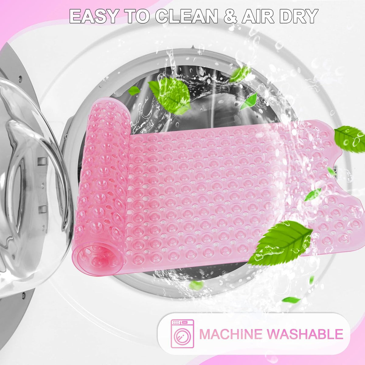 Bathtub and Shower Mats, 40x16 Inch Extra Large Non Slip Soft Bath Tub Mat with Suction Cups and Drain Holes for Bathroom Floor and Keep Tubs Clean, Machine Washable, Clear Pink