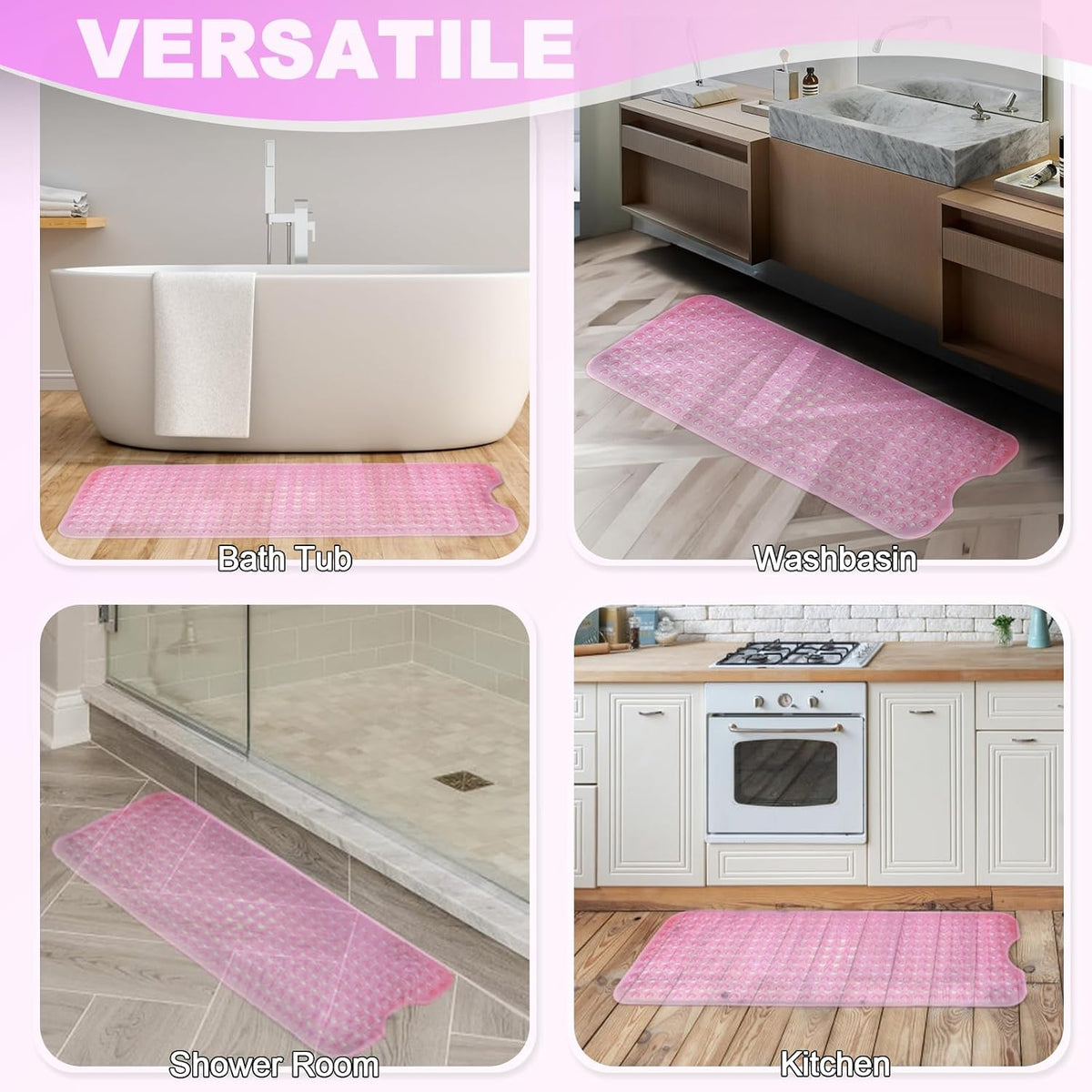 Bathtub and Shower Mats, 40x16 Inch Extra Large Non Slip Soft Bath Tub Mat with Suction Cups and Drain Holes for Bathroom Floor and Keep Tubs Clean, Machine Washable, Clear Pink