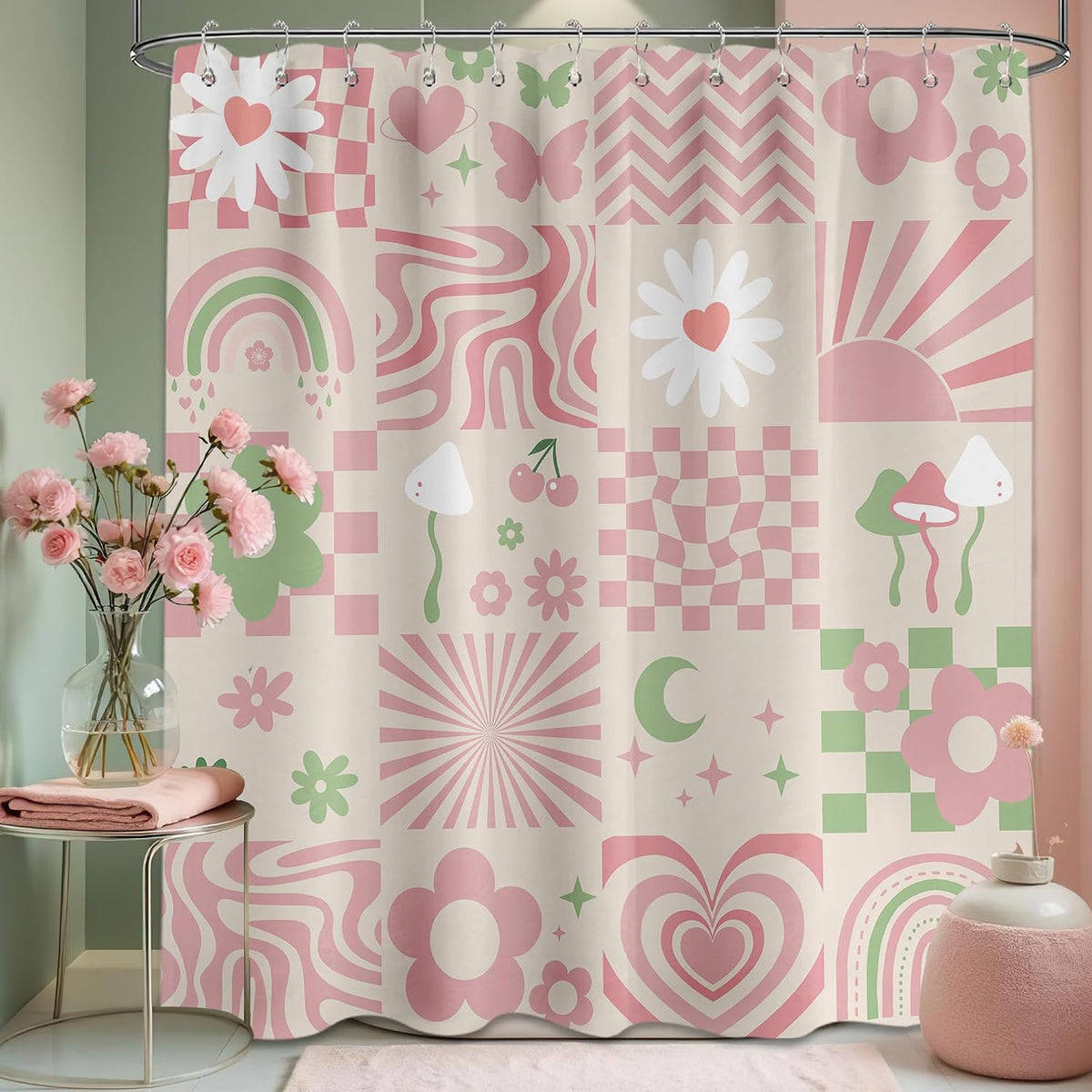 Cute Pink Shower Curtain Y2k Preppy Kawaii Girls Checkered Bathroom Decor, Waterproof Cloth Fabric with Hooks 70" W x 72" L