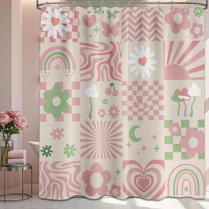 Cute Pink Shower Curtain Y2k Preppy Kawaii Girls Checkered Bathroom Decor, Waterproof Cloth Fabric with Hooks 70" W x 72" L