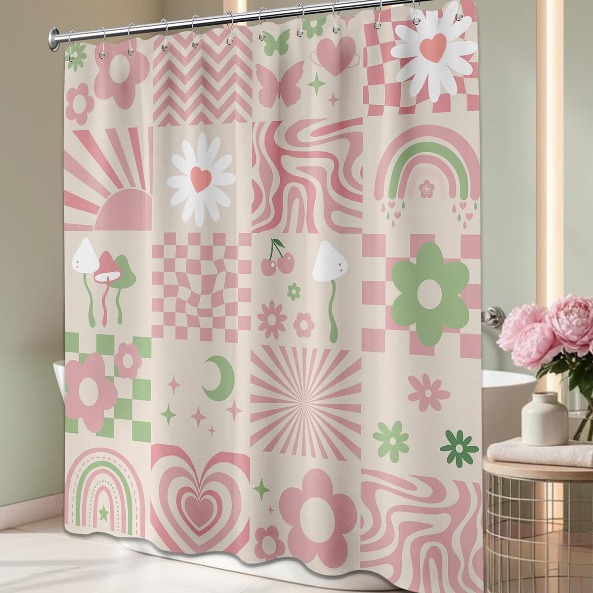 Cute Pink Shower Curtain Y2k Preppy Kawaii Girls Checkered Bathroom Decor, Waterproof Cloth Fabric with Hooks 70" W x 72" L