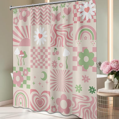 Cute Pink Shower Curtain Y2k Preppy Kawaii Girls Checkered Bathroom Decor, Waterproof Cloth Fabric with Hooks 70" W x 72" L