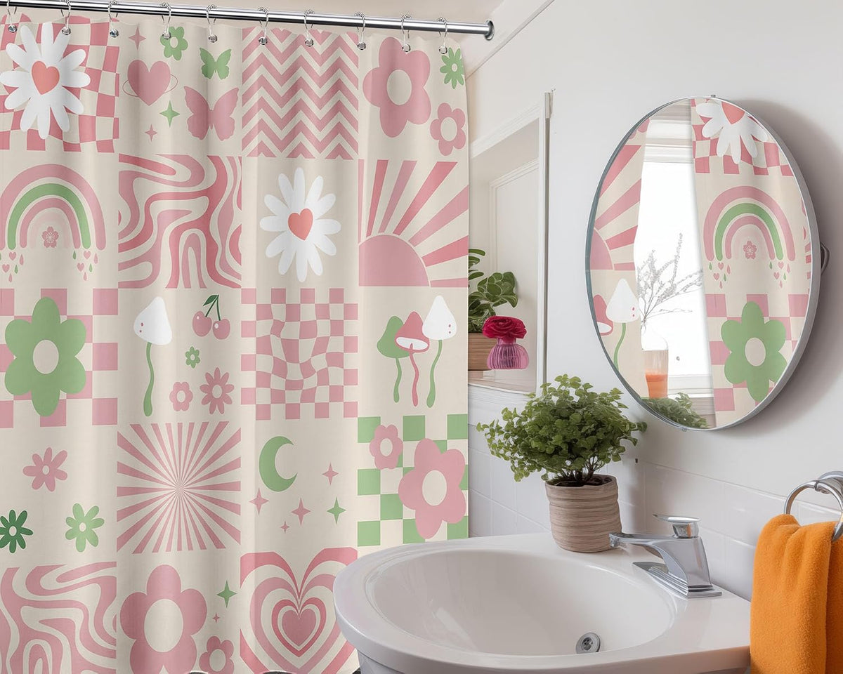 Cute Pink Shower Curtain Y2k Preppy Kawaii Girls Checkered Bathroom Decor, Waterproof Cloth Fabric with Hooks 70" W x 72" L