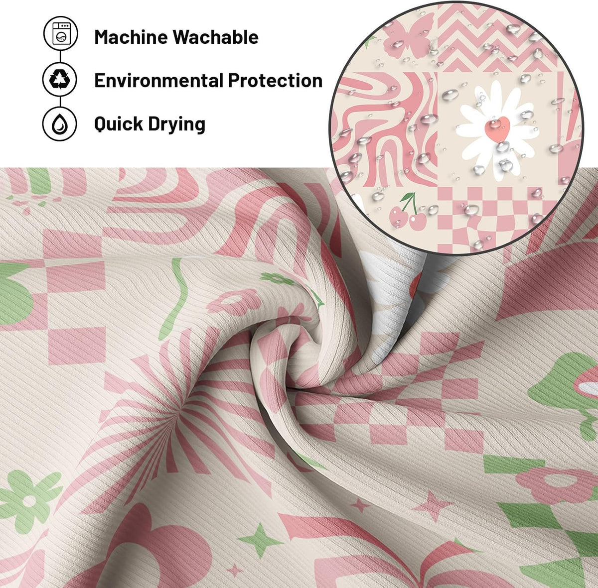 Cute Pink Shower Curtain Y2k Preppy Kawaii Girls Checkered Bathroom Decor, Waterproof Cloth Fabric with Hooks 70" W x 72" L