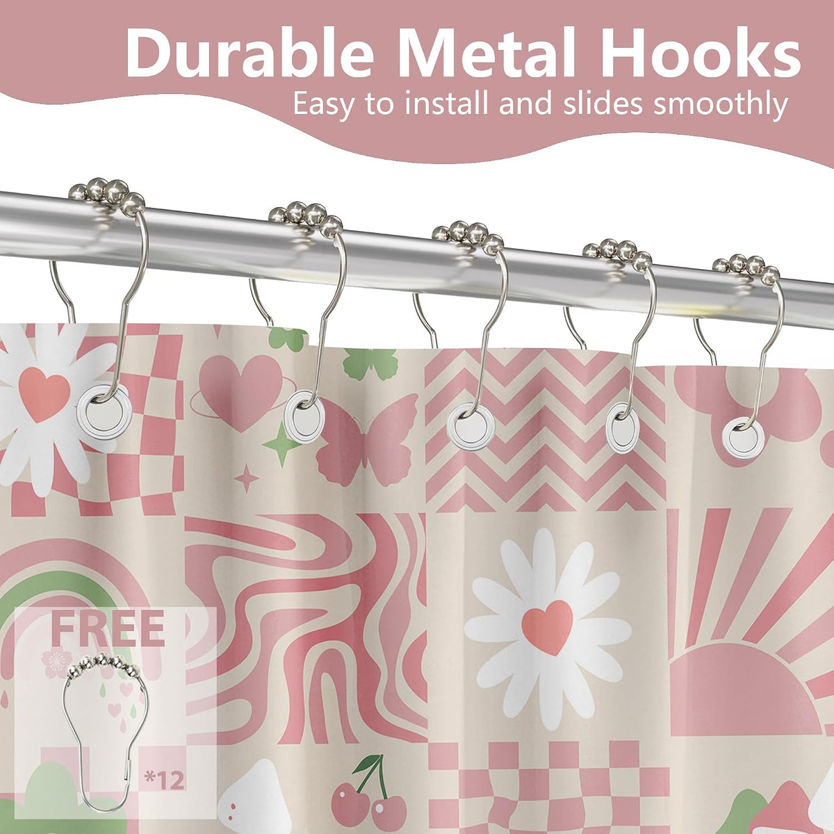 Cute Pink Shower Curtain Y2k Preppy Kawaii Girls Checkered Bathroom Decor, Waterproof Cloth Fabric with Hooks 70" W x 72" L
