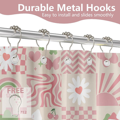 Cute Pink Shower Curtain Y2k Preppy Kawaii Girls Checkered Bathroom Decor, Waterproof Cloth Fabric with Hooks 70" W x 72" L