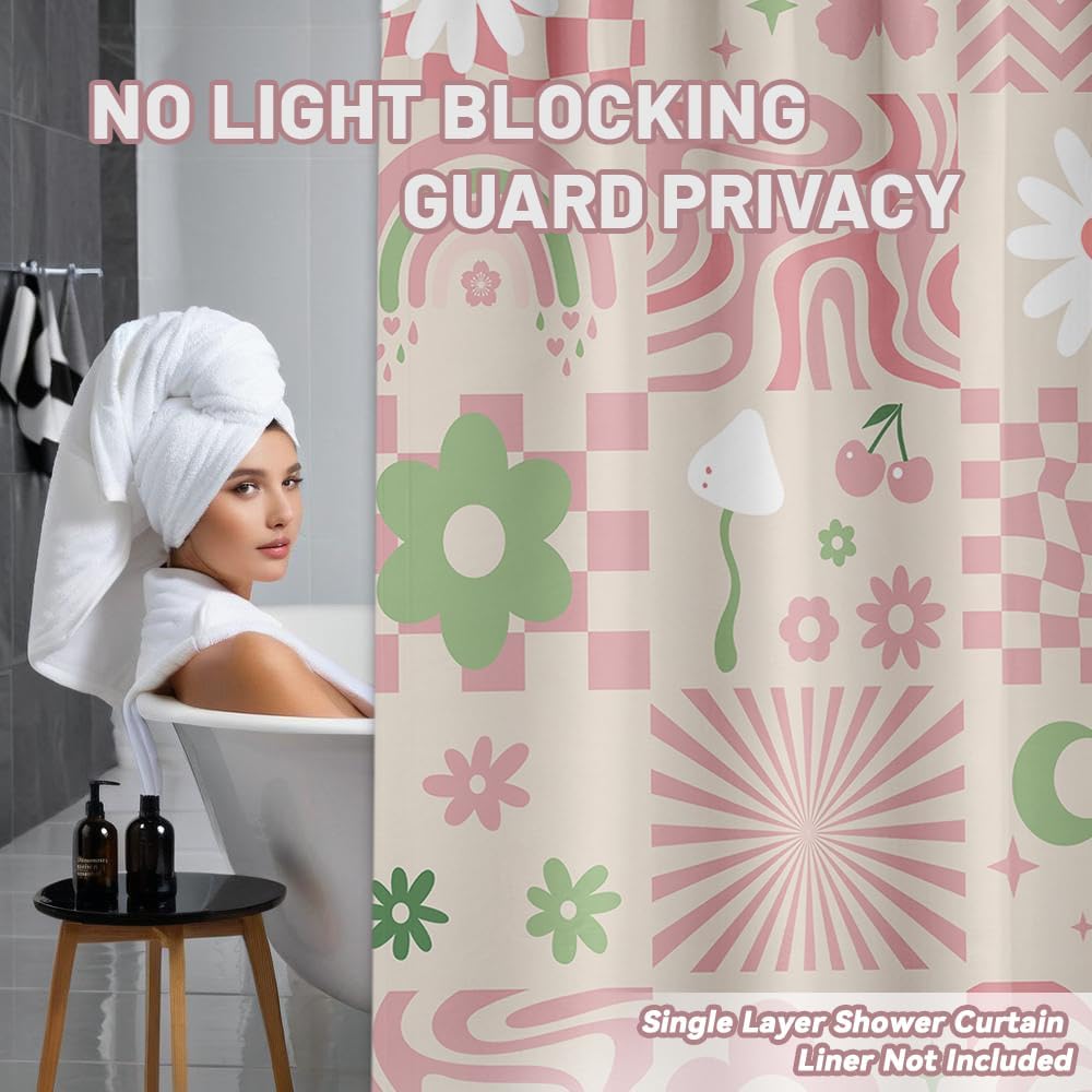 Cute Pink Shower Curtain Y2k Preppy Kawaii Girls Checkered Bathroom Decor, Waterproof Cloth Fabric with Hooks 70" W x 72" L
