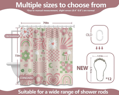 Cute Pink Shower Curtain Y2k Preppy Kawaii Girls Checkered Bathroom Decor, Waterproof Cloth Fabric with Hooks 70" W x 72" L