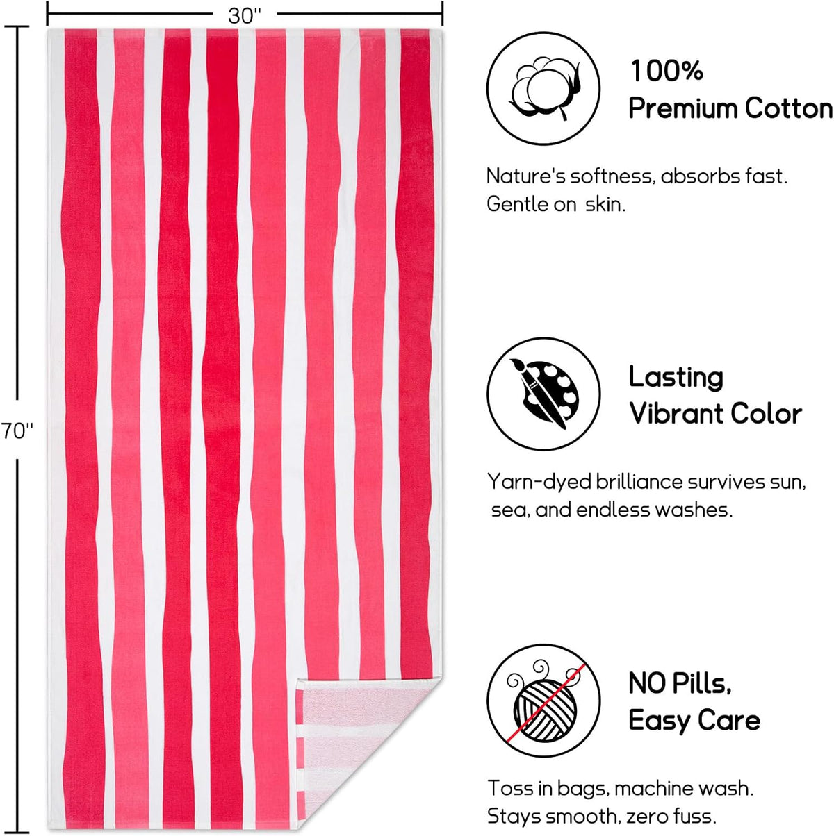 Large Beach Towel Oversized - 35 x 70 Inch Cotton Pool Towel, Soft Thin Velour Swim Towel for Adults (Stripes Pink)