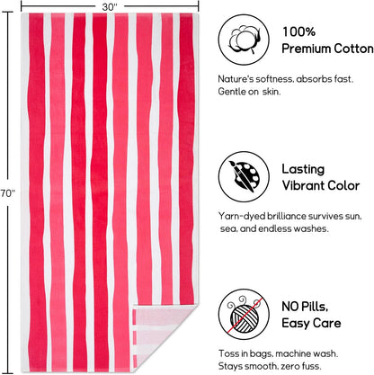 Large Beach Towel Oversized - 35 x 70 Inch Cotton Pool Towel, Soft Thin Velour Swim Towel for Adults (Stripes Pink)