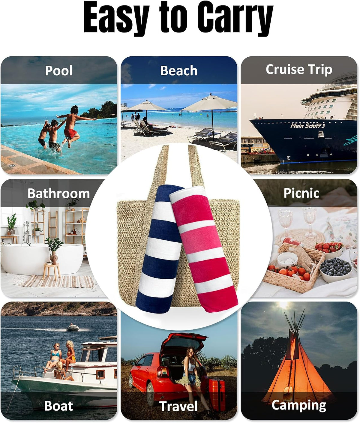 Large Beach Towel Oversized - 35 x 70 Inch Cotton Pool Towel, Soft Thin Velour Swim Towel for Adults (Stripes Pink)
