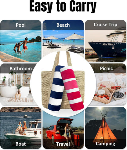 Large Beach Towel Oversized - 35 x 70 Inch Cotton Pool Towel, Soft Thin Velour Swim Towel for Adults (Stripes Pink)