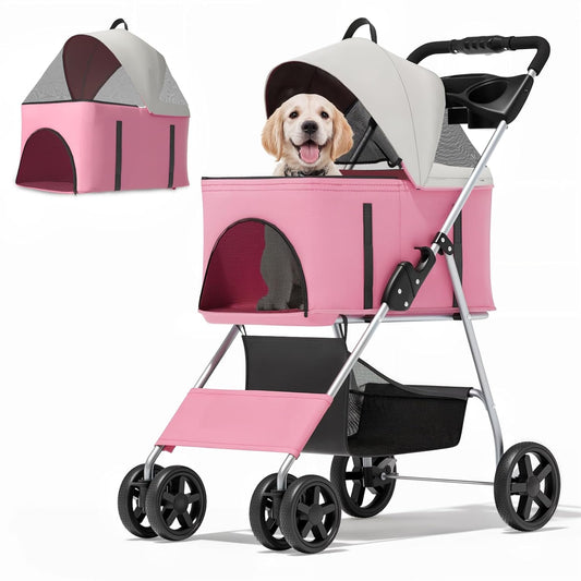 3 in 1 Foldable Pet Stroller for Small & Medium Dogs, Detachable Carrier, Car Seat, Push Button Entry, 4-Wheel Jogger for Pets up to 33 lbs, Pink
