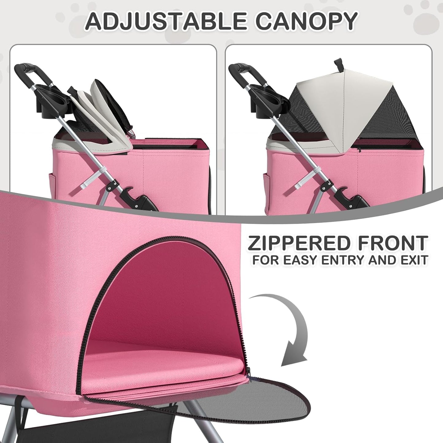3 in 1 Foldable Pet Stroller for Small & Medium Dogs, Detachable Carrier, Car Seat, Push Button Entry, 4-Wheel Jogger for Pets up to 33 lbs, Pink