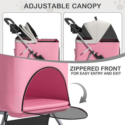 3 in 1 Foldable Pet Stroller for Small & Medium Dogs, Detachable Carrier, Car Seat, Push Button Entry, 4-Wheel Jogger for Pets up to 33 lbs, Pink