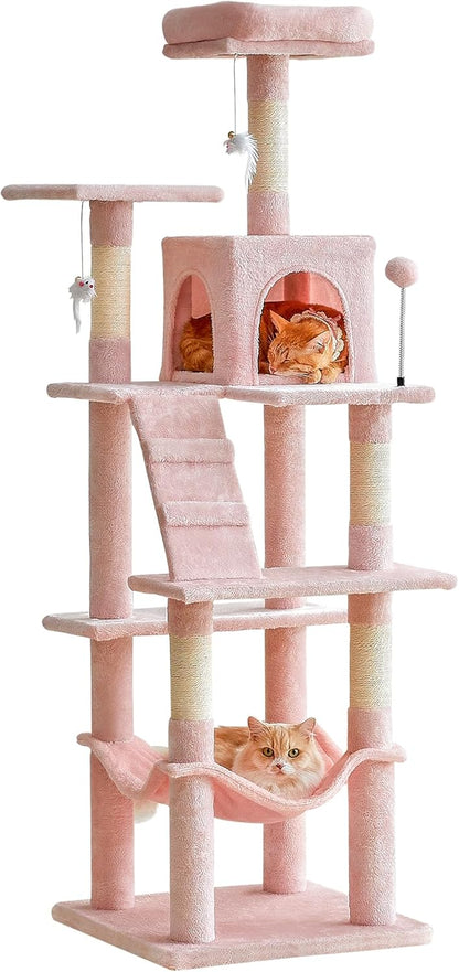 63.8-Inch Pink Cat Tree for Indoor Cats, Multi-Level Cat Tower with Sisal-Covered Scratching Posts, Padded Platform, Hammock, Dangling Toys, Stable Cat Condo Pet Play House