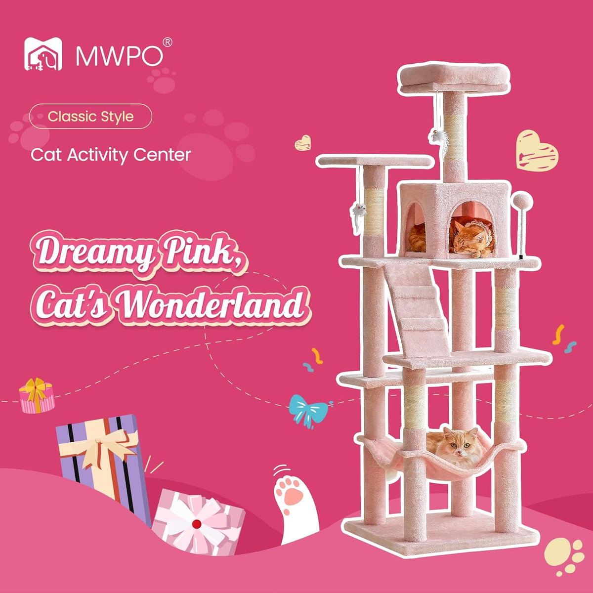 63.8-Inch Pink Cat Tree for Indoor Cats, Multi-Level Cat Tower with Sisal-Covered Scratching Posts, Padded Platform, Hammock, Dangling Toys, Stable Cat Condo Pet Play House