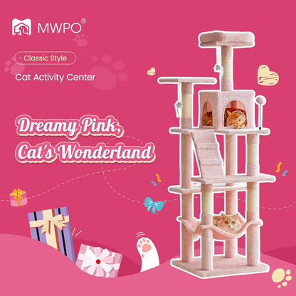 63.8-Inch Pink Cat Tree for Indoor Cats, Multi-Level Cat Tower with Sisal-Covered Scratching Posts, Padded Platform, Hammock, Dangling Toys, Stable Cat Condo Pet Play House