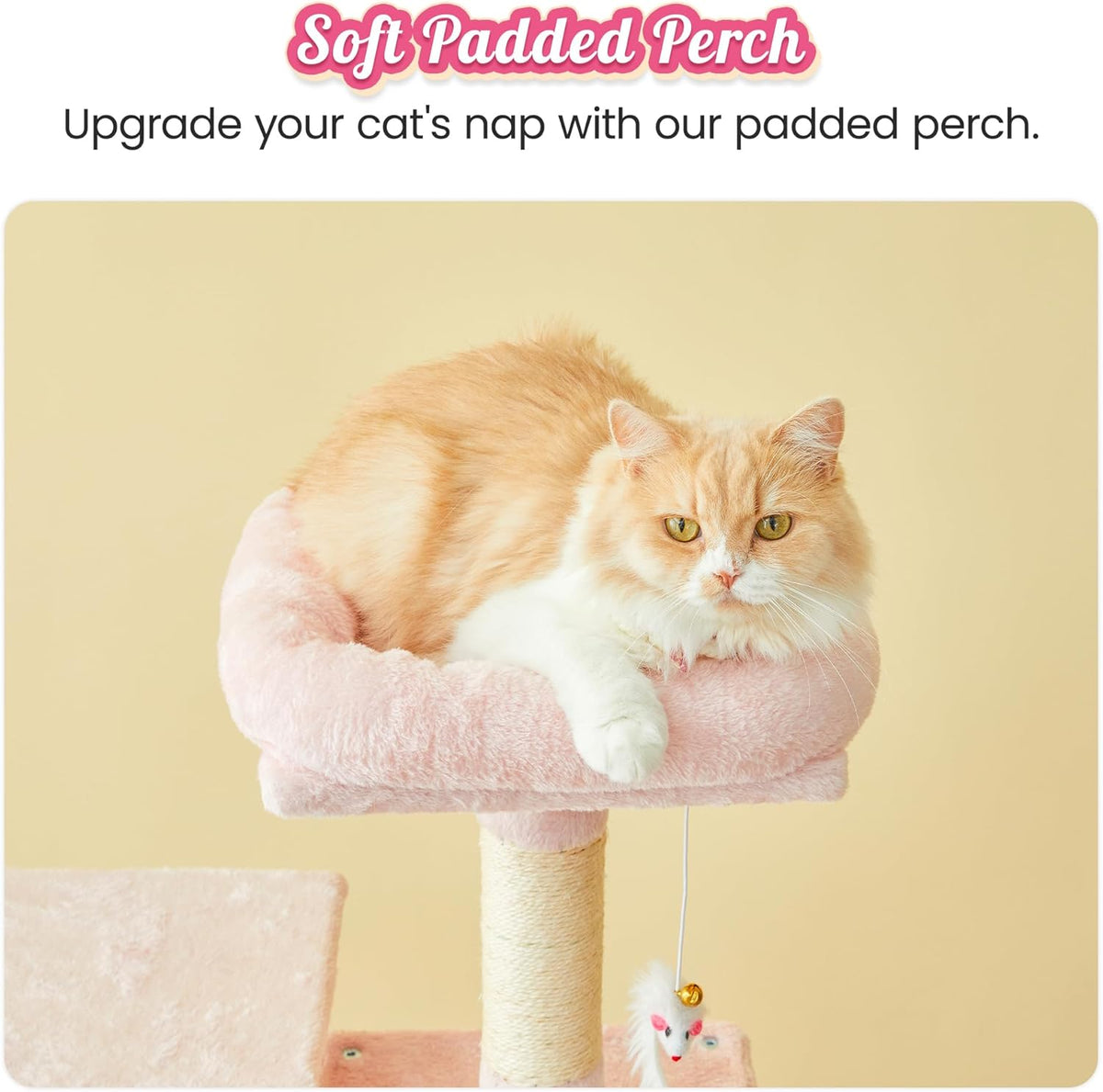 63.8-Inch Pink Cat Tree for Indoor Cats, Multi-Level Cat Tower with Sisal-Covered Scratching Posts, Padded Platform, Hammock, Dangling Toys, Stable Cat Condo Pet Play House