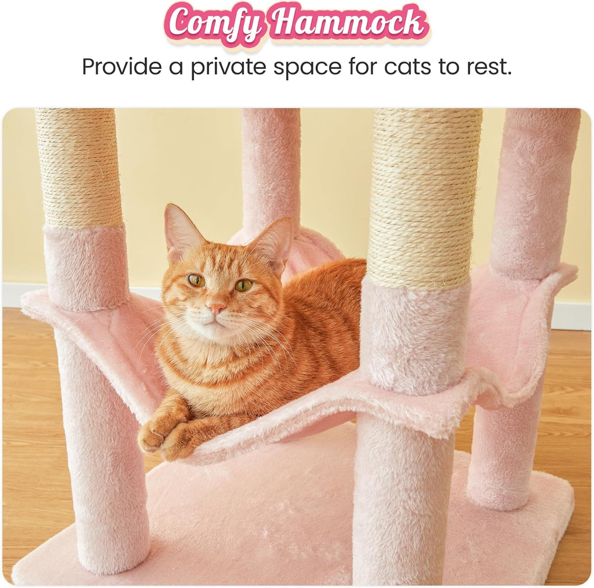 63.8-Inch Pink Cat Tree for Indoor Cats, Multi-Level Cat Tower with Sisal-Covered Scratching Posts, Padded Platform, Hammock, Dangling Toys, Stable Cat Condo Pet Play House