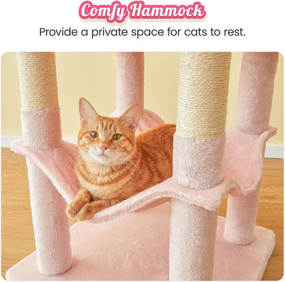 63.8-Inch Pink Cat Tree for Indoor Cats, Multi-Level Cat Tower with Sisal-Covered Scratching Posts, Padded Platform, Hammock, Dangling Toys, Stable Cat Condo Pet Play House