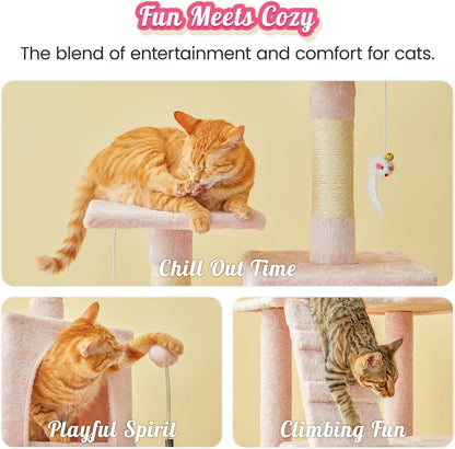 63.8-Inch Pink Cat Tree for Indoor Cats, Multi-Level Cat Tower with Sisal-Covered Scratching Posts, Padded Platform, Hammock, Dangling Toys, Stable Cat Condo Pet Play House