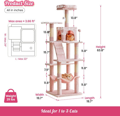 63.8-Inch Pink Cat Tree for Indoor Cats, Multi-Level Cat Tower with Sisal-Covered Scratching Posts, Padded Platform, Hammock, Dangling Toys, Stable Cat Condo Pet Play House