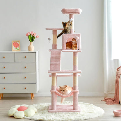 63.8-Inch Pink Cat Tree for Indoor Cats, Multi-Level Cat Tower with Sisal-Covered Scratching Posts, Padded Platform, Hammock, Dangling Toys, Stable Cat Condo Pet Play House