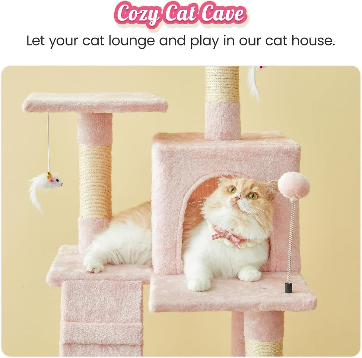 63.8-Inch Pink Cat Tree for Indoor Cats, Multi-Level Cat Tower with Sisal-Covered Scratching Posts, Padded Platform, Hammock, Dangling Toys, Stable Cat Condo Pet Play House