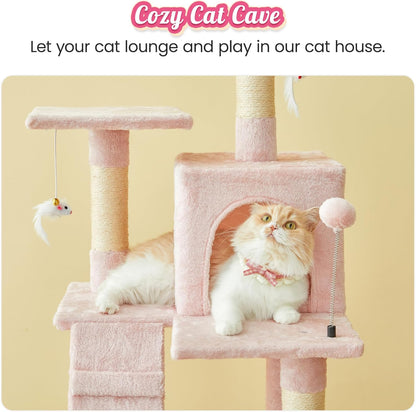 63.8-Inch Pink Cat Tree for Indoor Cats, Multi-Level Cat Tower with Sisal-Covered Scratching Posts, Padded Platform, Hammock, Dangling Toys, Stable Cat Condo Pet Play House