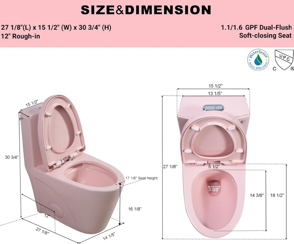 Elongated One Piece Toilet, Dual Flush 1.1/1.6 GPF Soft Close Seat