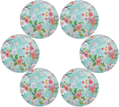 Spring Peach Flower Blue Pattern Round placemates Toddlers Waterproof Dining Table Set 6 15.4x15.4in