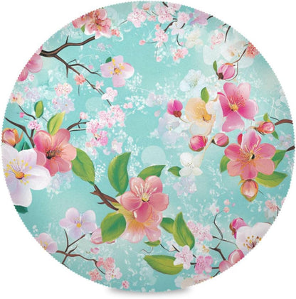 Spring Peach Flower Blue Pattern Round placemates Toddlers Waterproof Dining Table Set 6 15.4x15.4in
