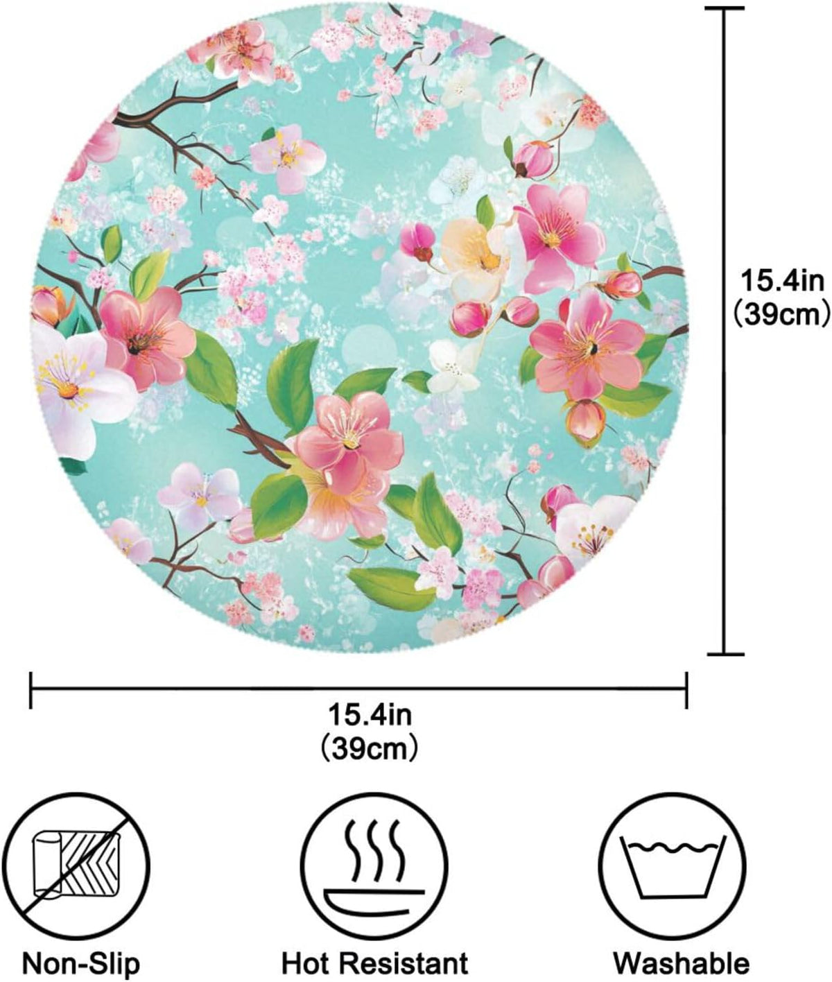 Spring Peach Flower Blue Pattern Round placemates Toddlers Waterproof Dining Table Set 6 15.4x15.4in
