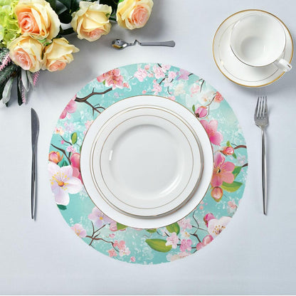 Spring Peach Flower Blue Pattern Round placemates Toddlers Waterproof Dining Table Set 6 15.4x15.4in