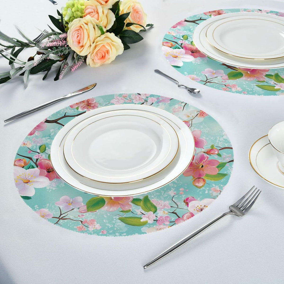 Spring Peach Flower Blue Pattern Round placemates Toddlers Waterproof Dining Table Set 6 15.4x15.4in