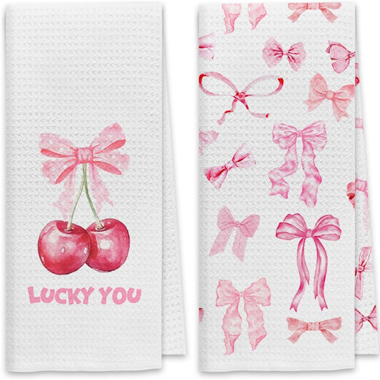 Lucky You Bows Pink Cherry Kitchen Dish Towels Set of 2, Trendy Preppy Bathroom Decor, Absorbent Drying Cloths for Kitchen & Bath