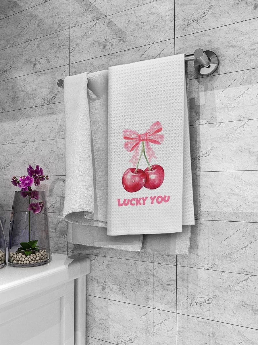 Lucky You Bows Pink Cherry Kitchen Dish Towels Set of 2, Trendy Preppy Bathroom Decor, Absorbent Drying Cloths for Kitchen & Bath