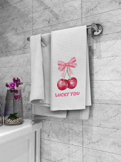 Lucky You Bows Pink Cherry Kitchen Dish Towels Set of 2, Trendy Preppy Bathroom Decor, Absorbent Drying Cloths for Kitchen & Bath