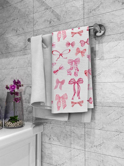 Lucky You Bows Pink Cherry Kitchen Dish Towels Set of 2, Trendy Preppy Bathroom Decor, Absorbent Drying Cloths for Kitchen & Bath
