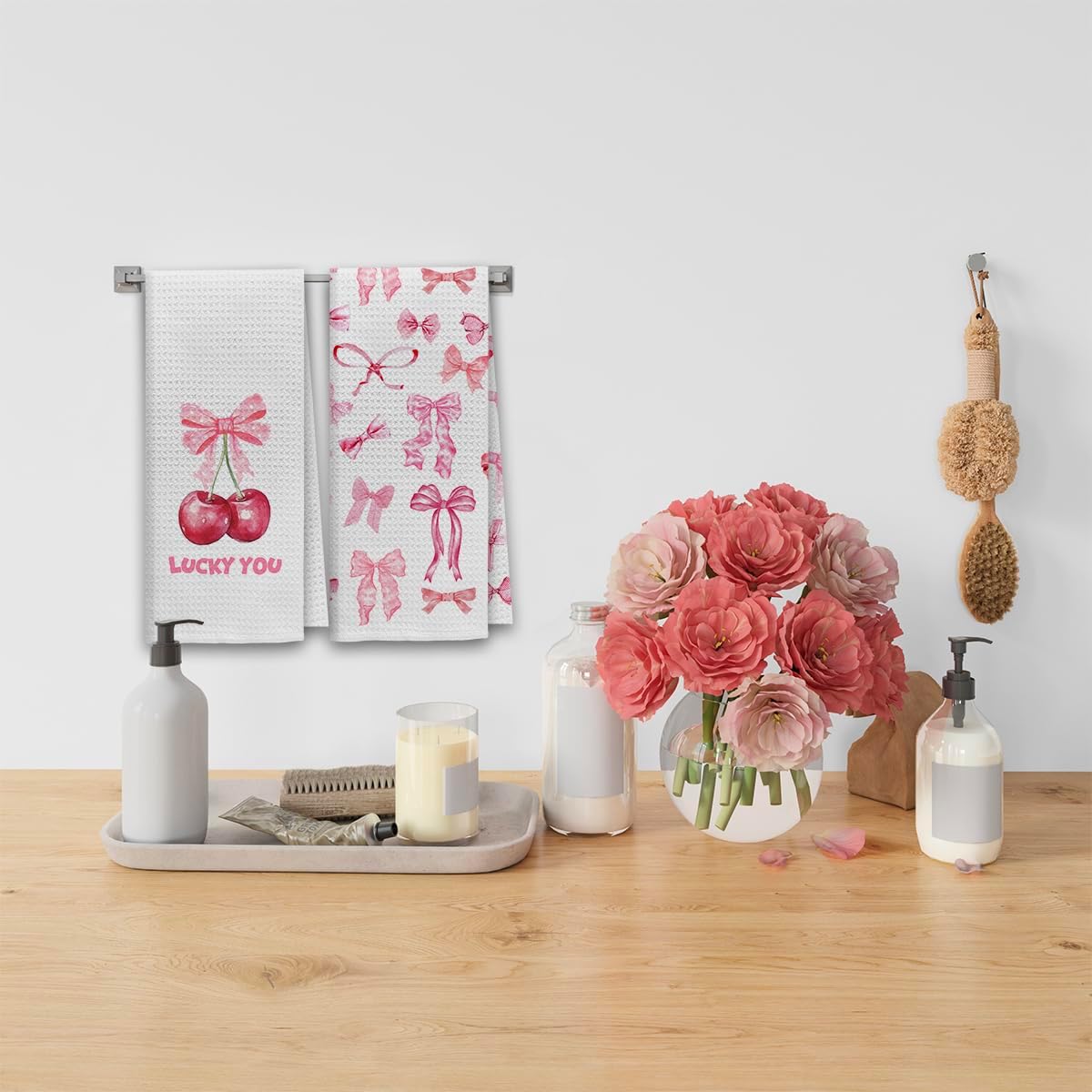 Lucky You Bows Pink Cherry Kitchen Dish Towels Set of 2, Trendy Preppy Bathroom Decor, Absorbent Drying Cloths for Kitchen & Bath