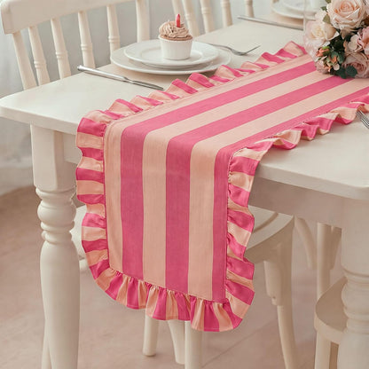 Ruffle Edge Striped Table Runner, 118x15.7 Inch, Pink White