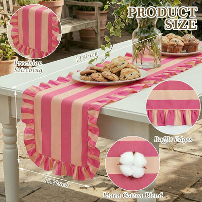 Ruffle Edge Striped Table Runner, 118x15.7 Inch, Pink White