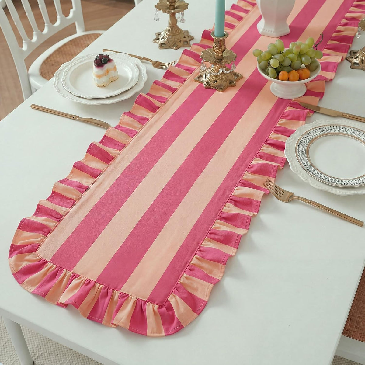 Ruffle Edge Striped Table Runner, 118x15.7 Inch, Pink White